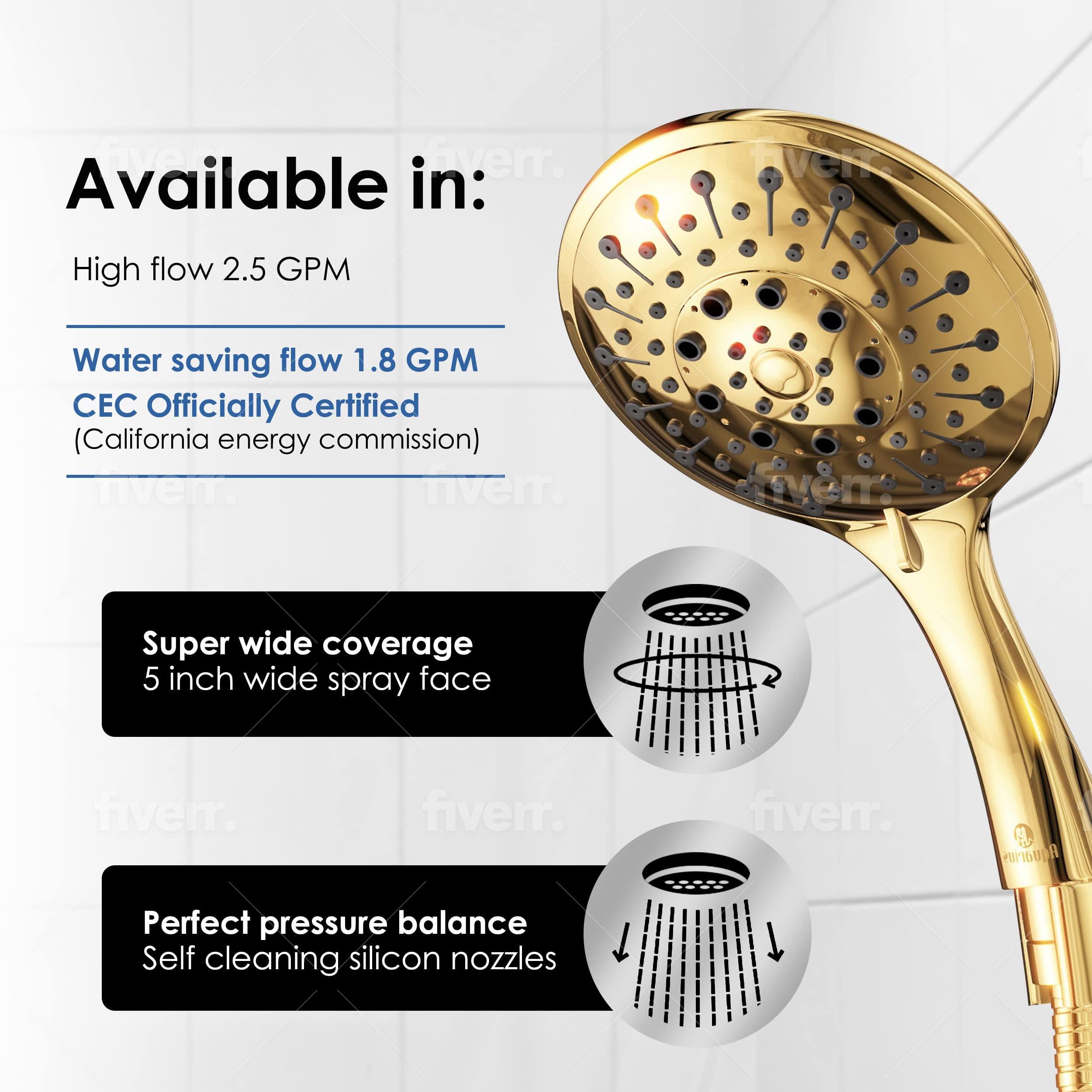 Wellness & Co Aquarius Gold Shower Head With Handheld Sprayer, 6 Spray Settings High Pressure Polished Brass Shower Head With Hose (Extra Long) & Adjustable Brass Ball Bracket Kit, Shower Head Gold Finish