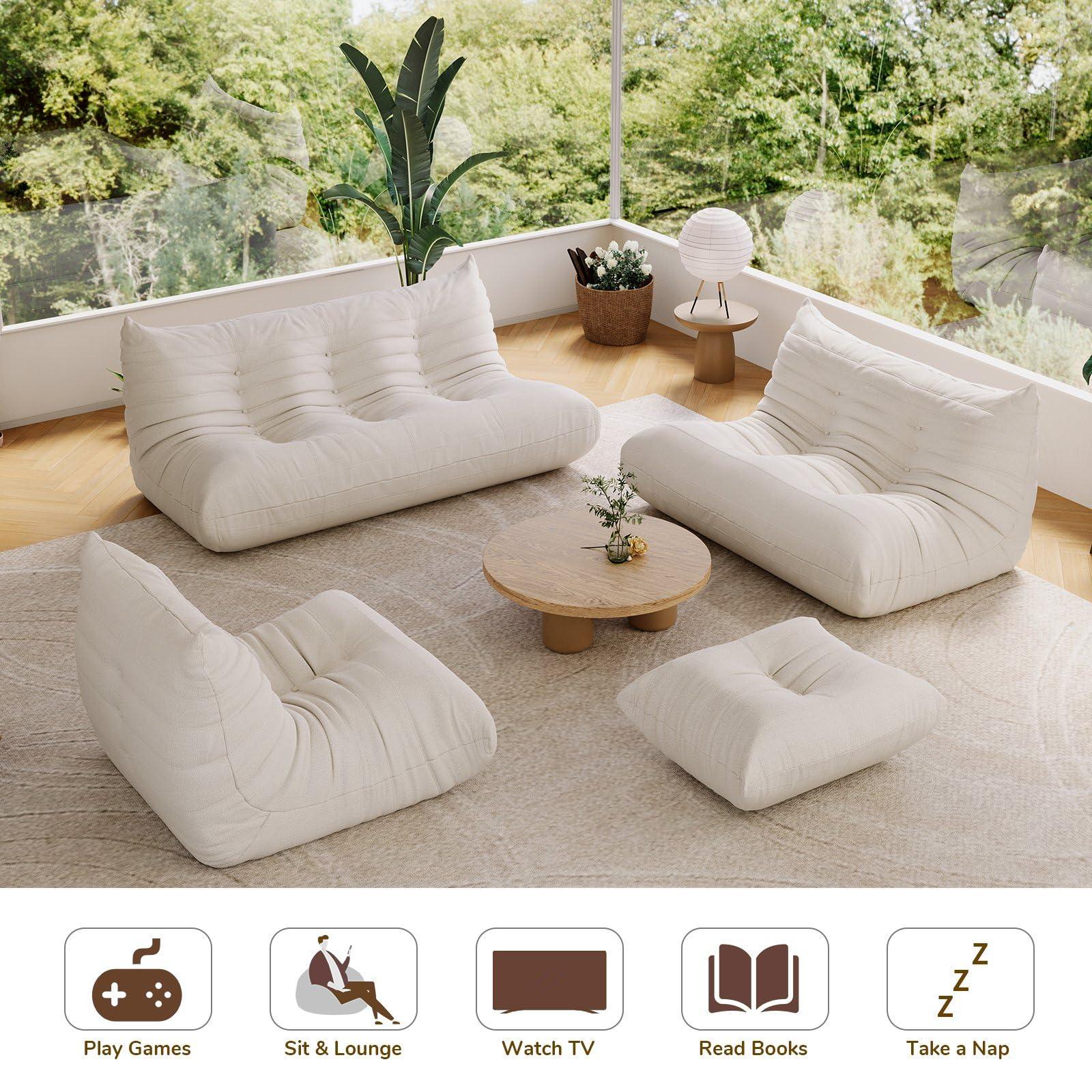 HomeLoft Basics Comfy Lazy Floor Sofa Couch,Teddy Velvet Sofa,Fireside Modern Floor Couch for Adults,3-Seater Lounge Foam Filled Chair with Chaise,Lazy Sofa for Living Room Bedroom Office,White