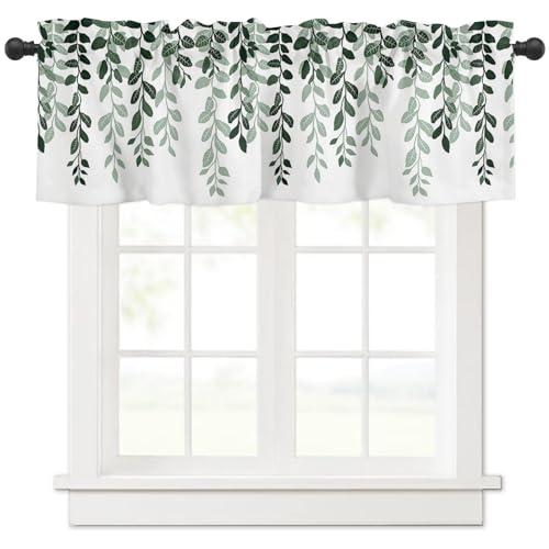 Onekaccu Onekaccu Kitchen Curtains Valances for Windows, Sage Green Leaves Valance Curtains Rod Pocket Short Curtains for Living Room Bedroom Small Window Treatment Seaonal Botanical Silhouette 60\"x18\"
