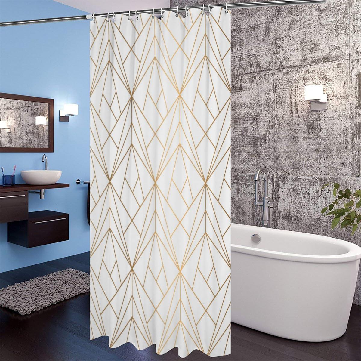 Houseown Shower Curtain, Gold Yellow Line Geometric Patterned Washable Shower Curtain with Hooks Bath Decor Fabric Shower Curtains for Bathroom, Hotel, Stalls, Bathtubs, 36x72 in