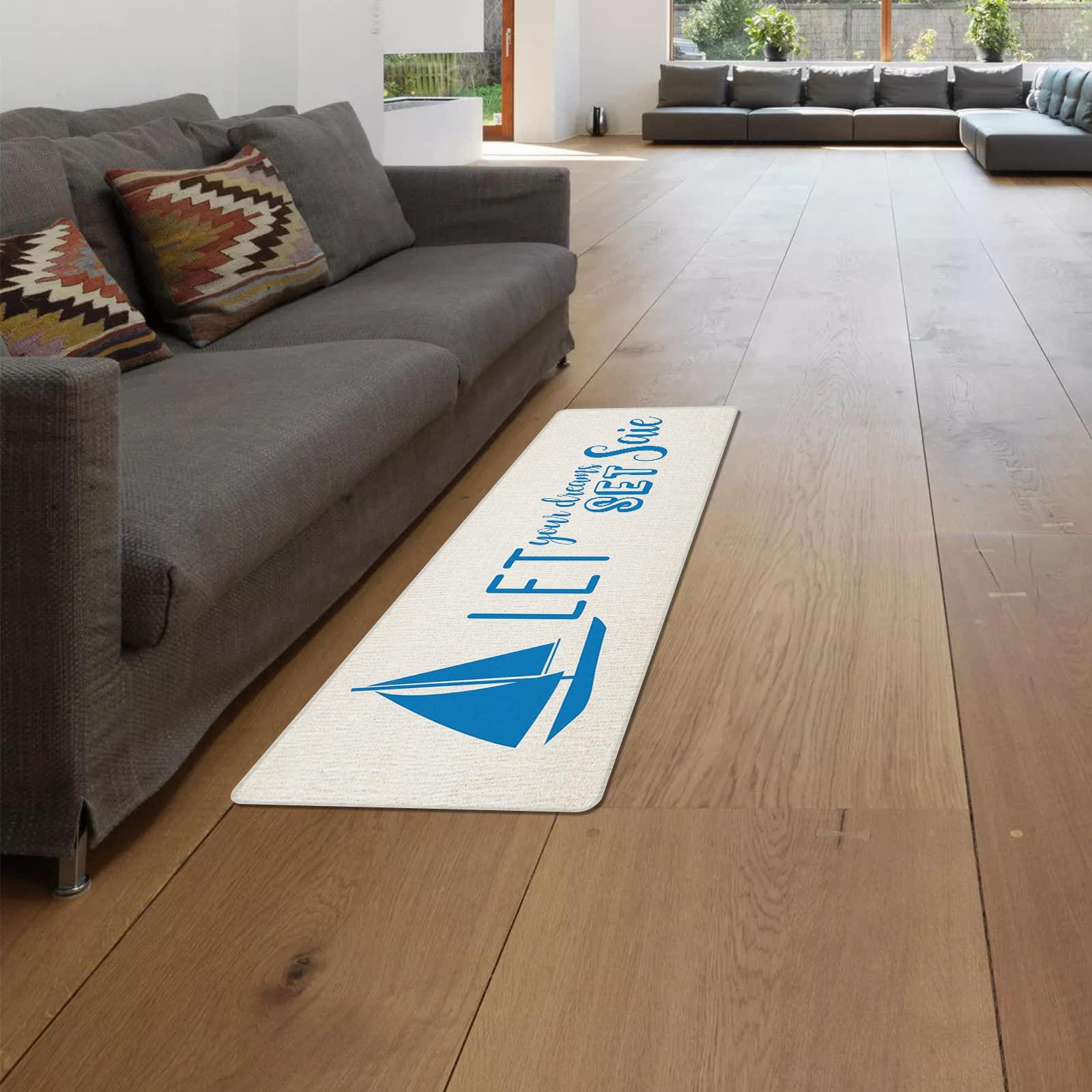 Sabolny Ocean Sailboat Kitchen Runner Rug Mat, Bath Shower Bathtub Welcome Door Floor Mat, Country Rustic Burlap Beige Blue Summer Washable Indoor Outdoor Throw Entry Area Rug Doormat