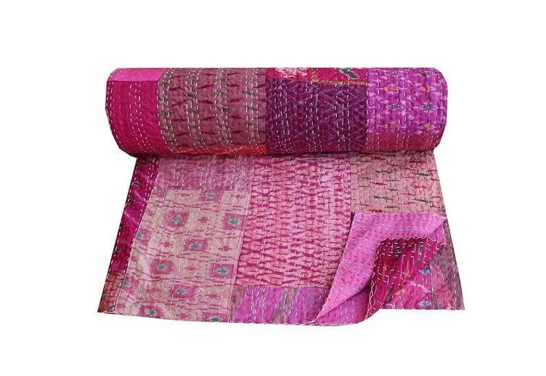 Foziya Qureshi Bohemian Patchwork Kantha Quilt, Boho King Size Bedding Throw Blanket, Patola Silk Patch Work Kantha Quilt, Handmade Kantha Bedcover (Purple, 108"x 108" Inch)