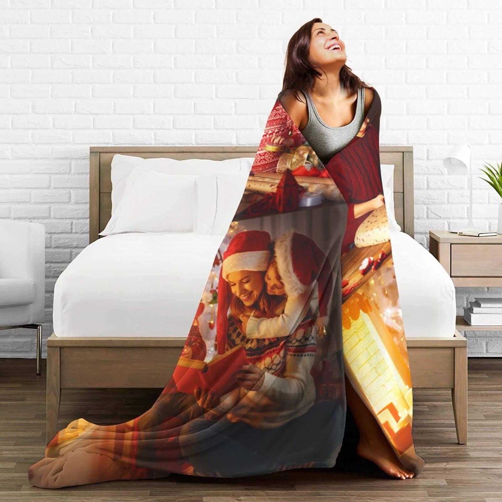 JCETUNO JCETUNO Custom Blanket with Photo Text Personalized Throw Blankets Customized Flannel Fleece Blankets for Family Birthday Wedding Gift Fits Couch Sofa Bedroom Living Room, W50 xL70