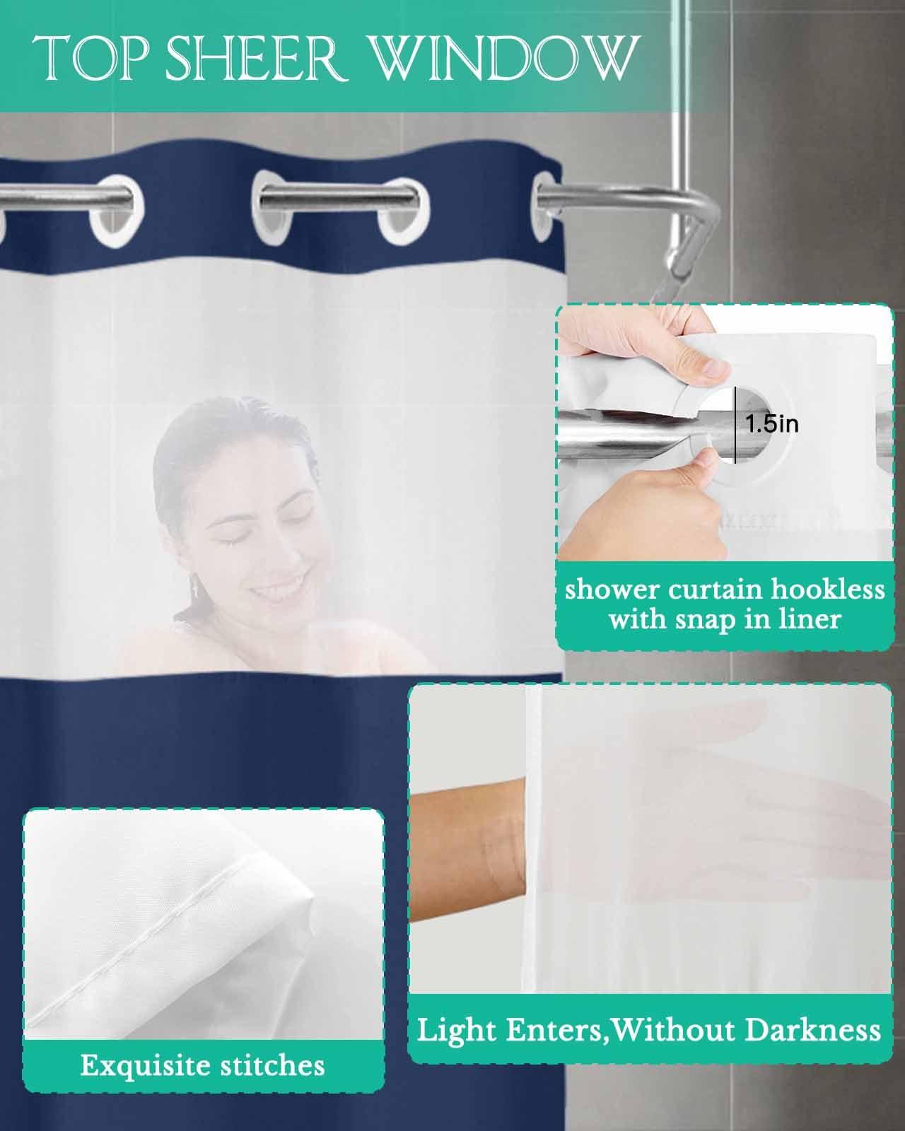 PIEPLE No Hook Shower Curtains with Snap in Liner, Navy Blue Waterproof Fabric Shower Curtain, Pure Blue Solid Color Simple Minimalism Art Double Layers & See-Through Top Window Bathroom Curtains 60''x72''