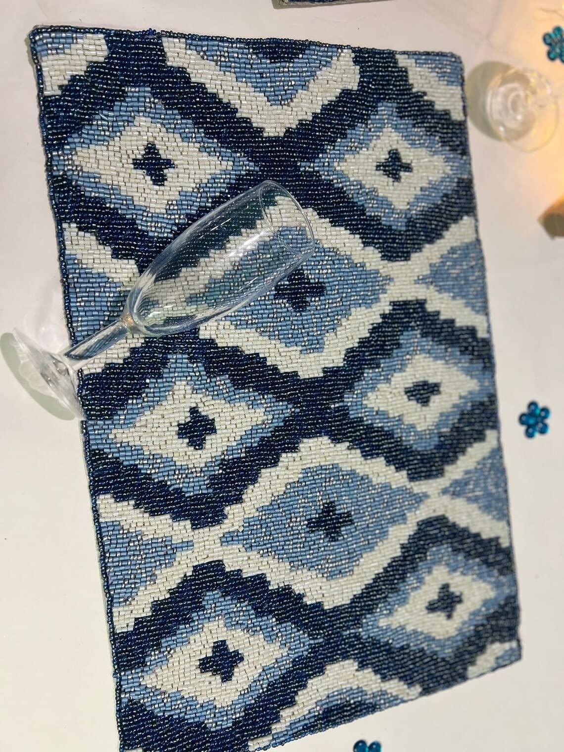 HM CREATION HM CREATIONS Set of 6 Placemats, Handmade Beaded Placemats, Geometrical Tablemats, Designer Charger Plates 12X15Inches (6)