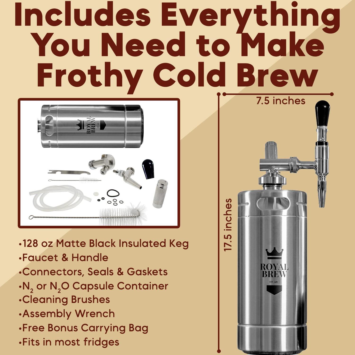 ROYAL BREW EST. 1987 The Original Royal Brew Nitro Cold Brew Coffee Maker - Gift for Coffee Lovers - 128 oz Extra Large Home Keg, Nitrogen Gas System Coffee Dispenser Kit