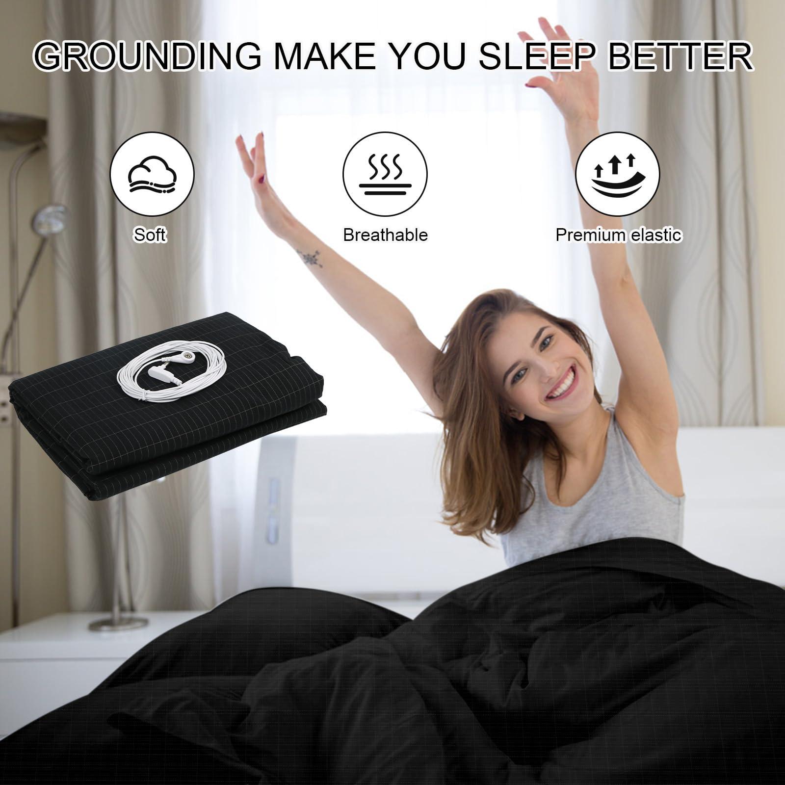 ConBlom Grounding Fitted Sheet with Grounding Cord, Earthing Bed Sheets, 5% Silver Fiber & 95% Cotton Fiber, Conductive Earthing Bed Sheet for Better Sleep (Black, California King)