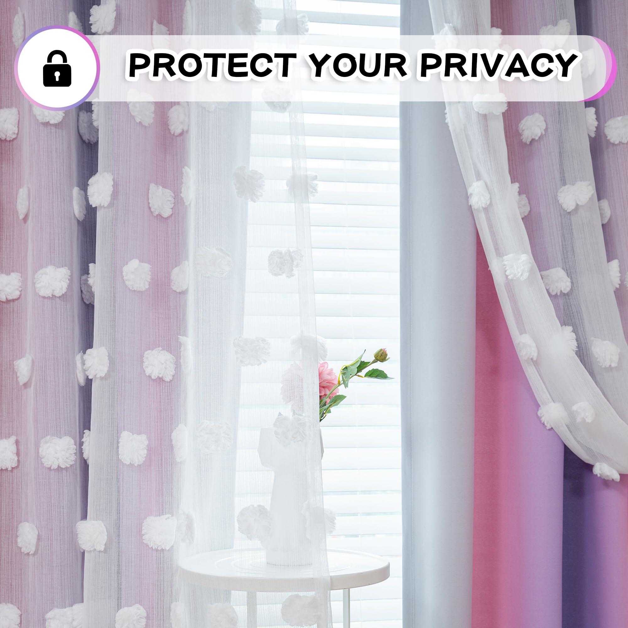 MYSKY HOME MYSKY HOME Pom Pom Curtains Blackout and Sheer Curtains for Girls Bedroom Ombre Nursery Curtains 84 Inch Long Room Darkening Princess Double Layer Curtains with Grommet Top Pink Purple 52 x 84 in