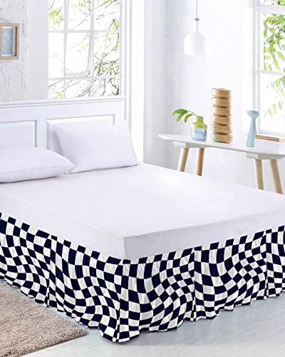 Sabolny Modern Black Bed Skirt King Size 18 Inch Drop, Adjustable & Elastic Wrap Around Bed Skirts Pleated Luxury Dust Ruffles for Twin Full Queen Cal King Base Bed, Geometric White Checkered Lattice