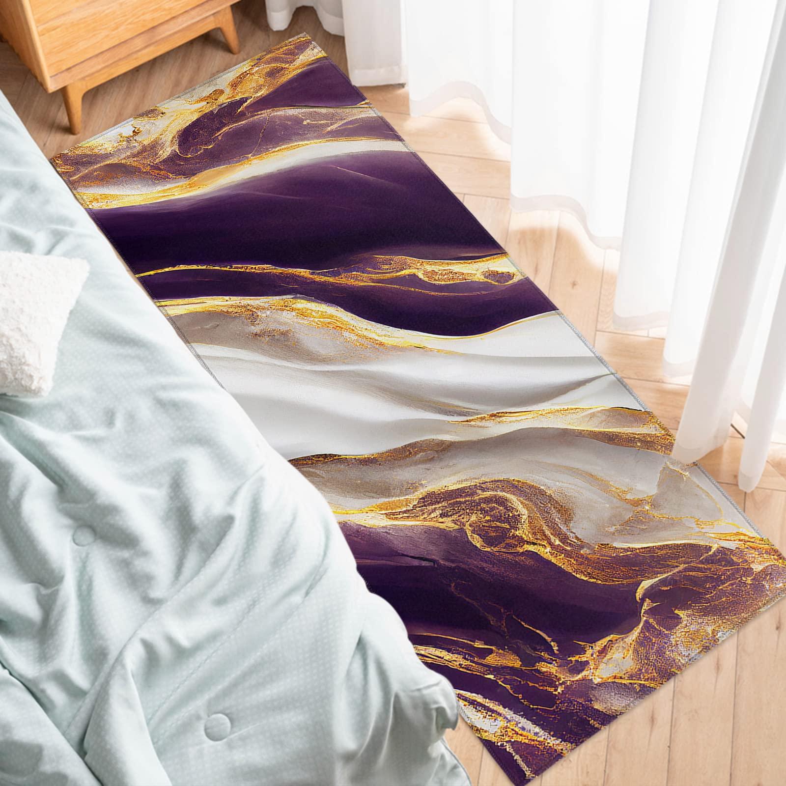 Shine-Home Marble Purple Kitchen Rug, Abstract Gold White Modern Art Washable Bath Shower Door Welcome Runner Area Rug Mat Carpet for Bedroom Bathroom Living Room Accent Throw Desk Rug, 20x47