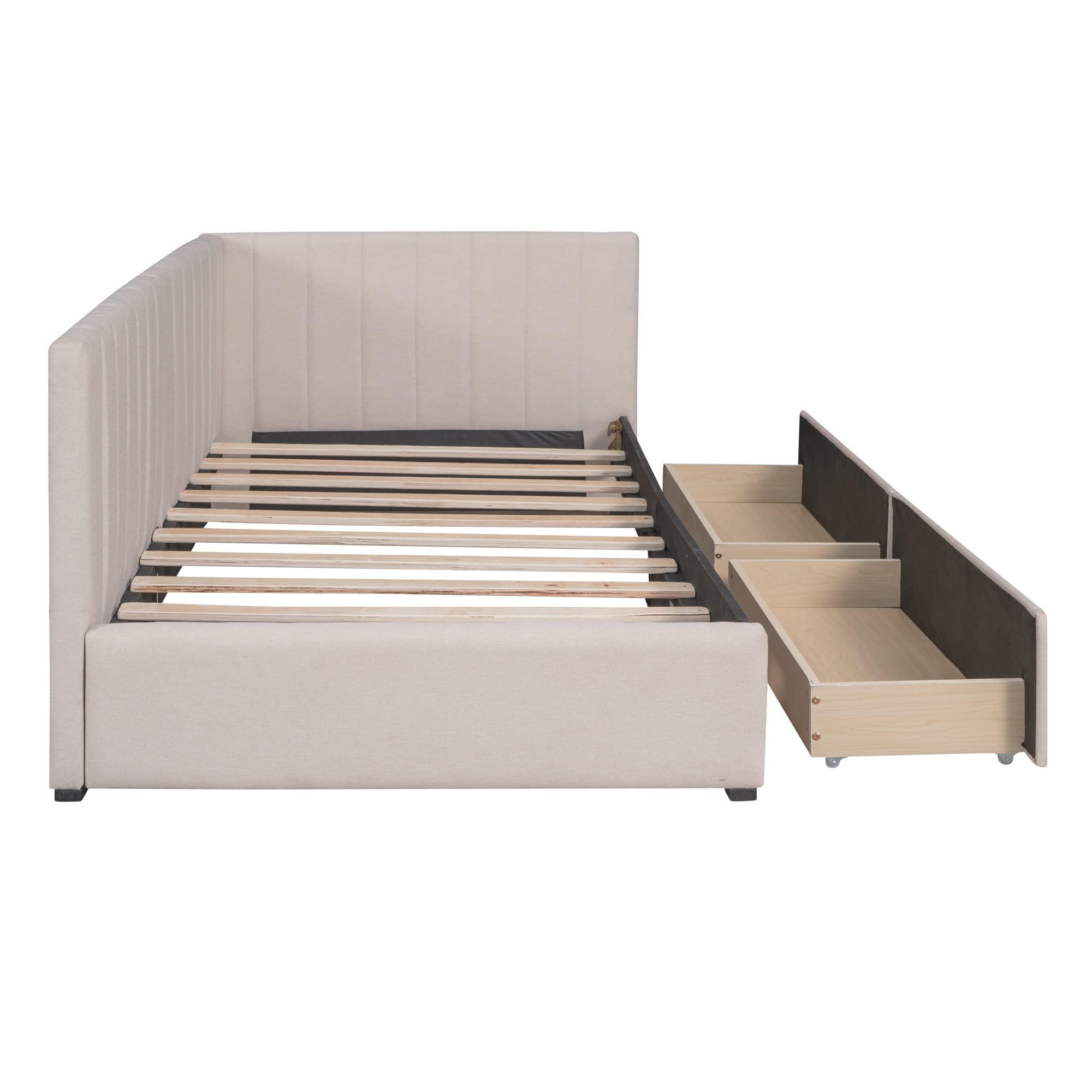 DNChuan DNChuan Twin Size L-Shaped Upholstered Daybed with Storage Drawers,Corner Bed Unit Twin,Sleeper Sofa Couch Day Bed Frame for Kids Adults Boys Girls,Beige
