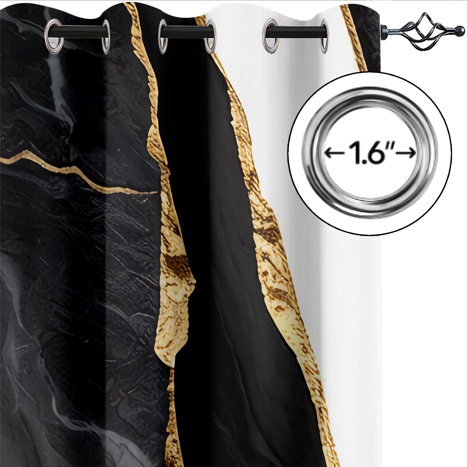 LNUEFE Abstract Black Grey Marble Blackout Curtains, Black and White Marble Golden Stripes Curtain Panels for Bedroom - Grommet Thermal Insulated Room Darkening Curtains for Living Room 108" W x 84" L