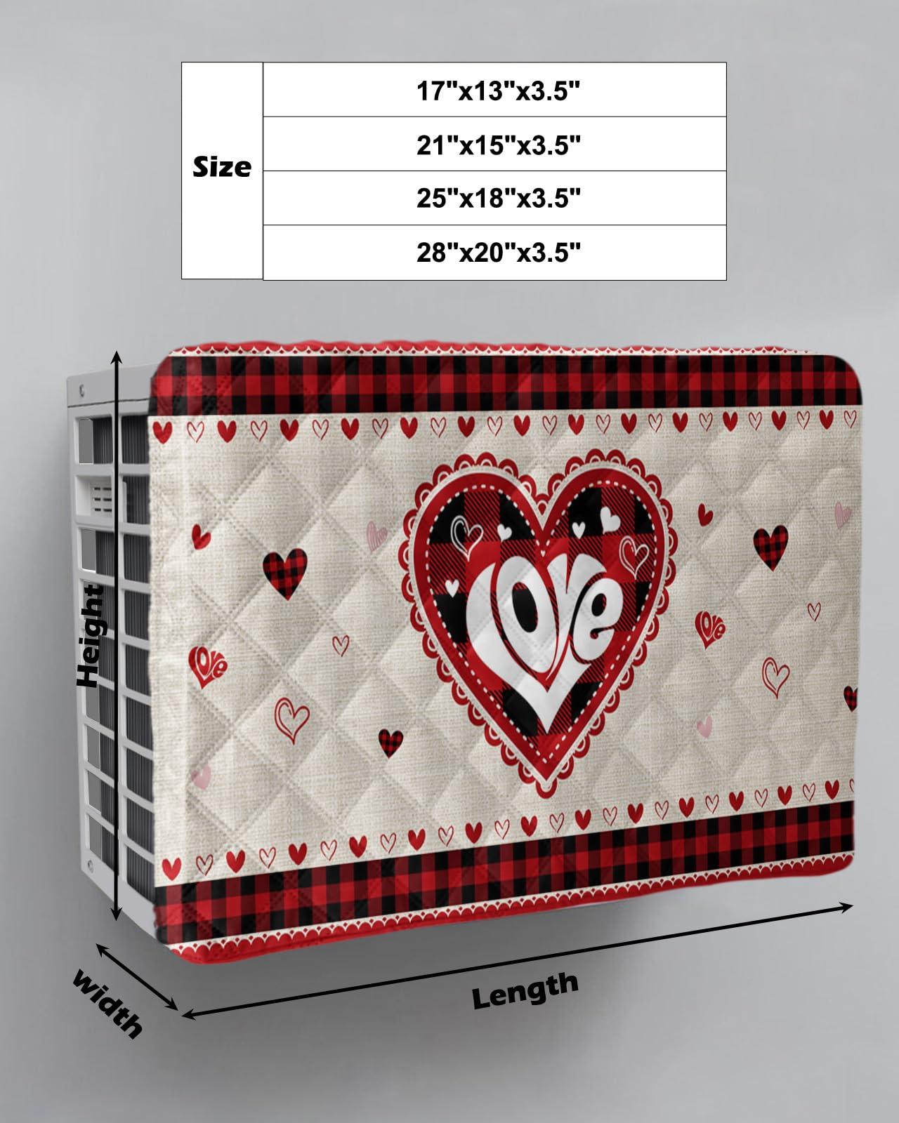 Yukro Indoor Air Conditioner Cover, Valentine's Day Love Heart Buffalo Plaid Linen Texture Dust-proof Window Air Conditioner Cover, Inside Window AC Unit Cover with Elastic Straps, 28L x 20H x 3.5D