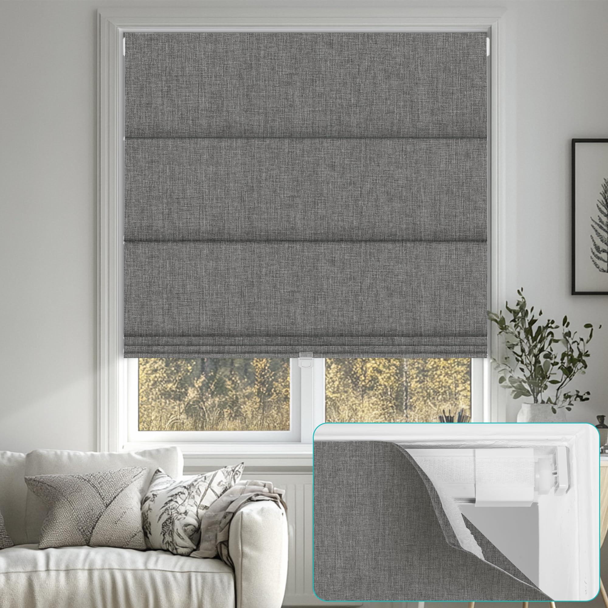 BERISSA BERISSA No Drill Cordless Roman Shades for Window, Blackout Roman Blinds Room Darkening Roll up Blinds Easy Install Linen Roman Window Shades for Inside Mount,28" W x 66" H,Linen Dark Gray