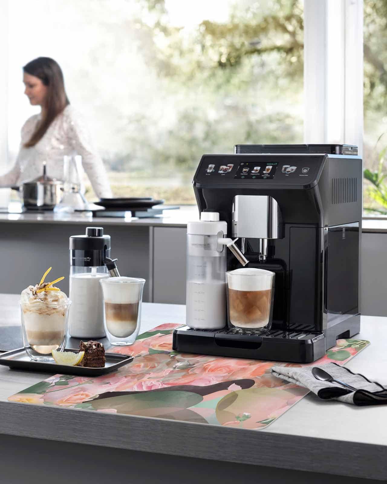 ZOE STORE ZOE STORE Coffee Bar Mat Spill Mat for Countertops, Pink Spring Floral Dish Drying Mat for Kitchen Accessories, Rustic Summer Botanical Modern Kitchen Counter Mat Water Absorbent, 16 x 18 Inches