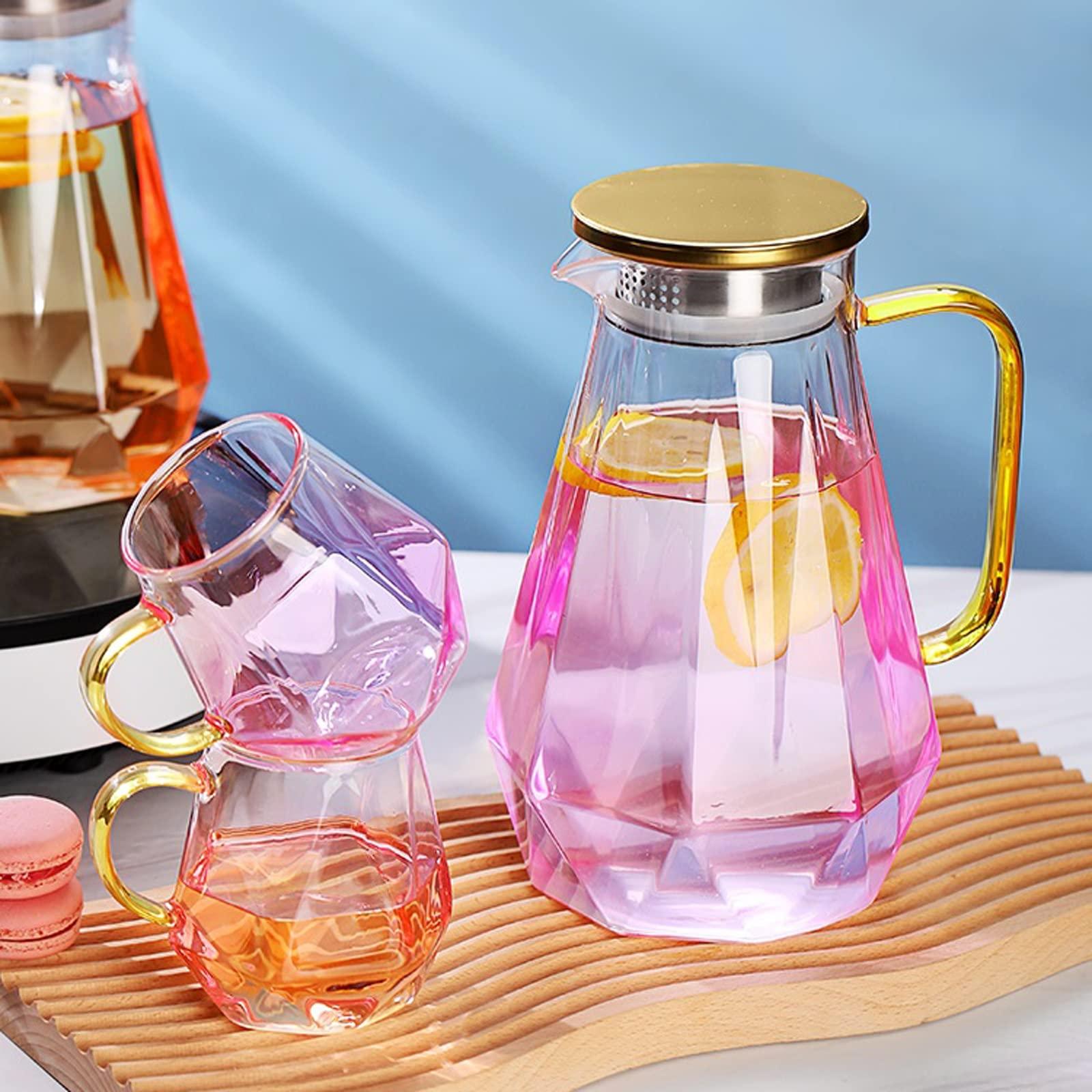 FACMAS Pitchers Beverage Pitchers Creative Glass Water Kettle Set Brings Mug Tray 1500ml Pink Clear Pitcher Flower Fruit Tea Set Afternoon Teatime Drinkware for Juice Milk Cold or Hot Beverages (Color : A)