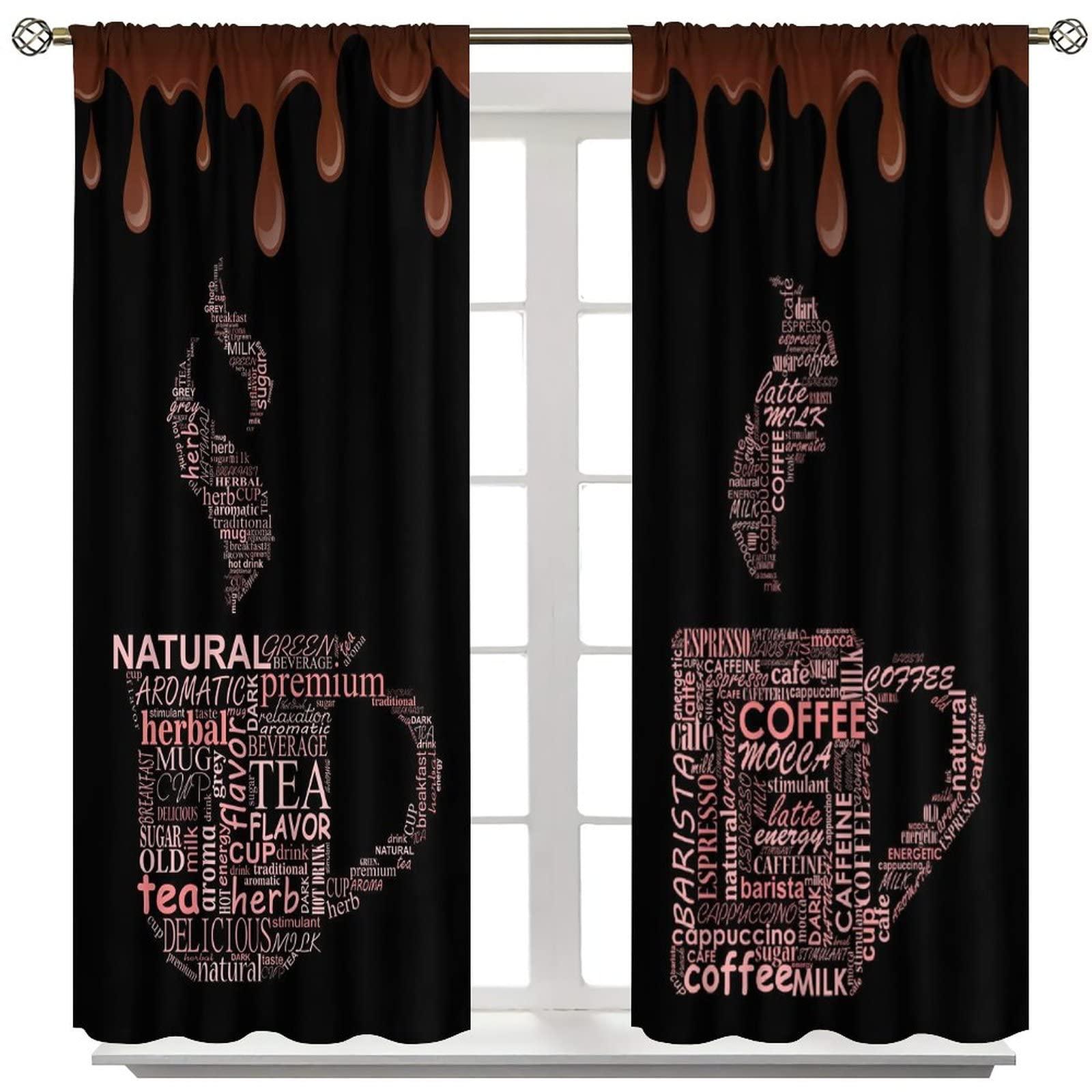 SENRUEGT Coffee Themed Curtains, Chocolate Coffee Cups Retro Living Room Kitchen Cafe Window Treatments Drapes 72x63in