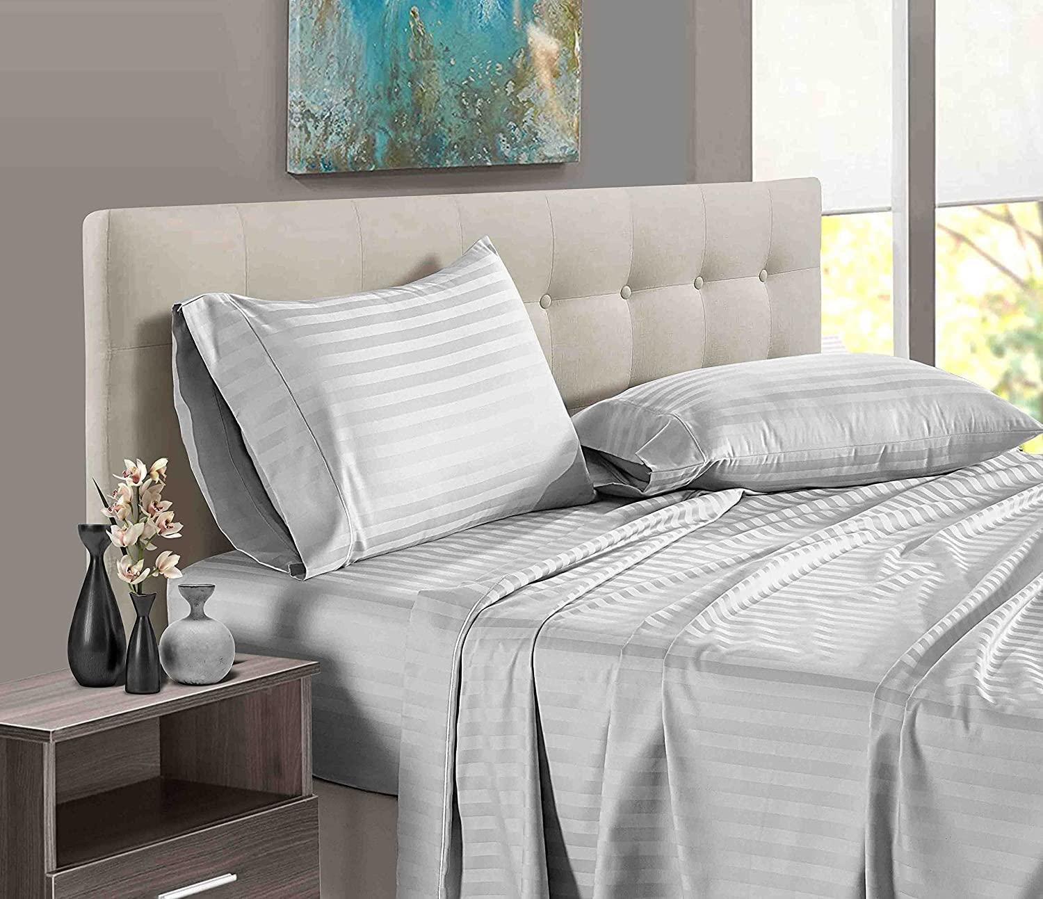 DIFFERENT SHEETING Split King Sheets Set for Adjustable Beds - 4 Piece Luxury Sheets - 15\" Deep Pocket 400TC & Extra Soft 100% Egyptian Cotton - Top Split Upto 32\" From Bottom - Light Grey Stripe, King Size.