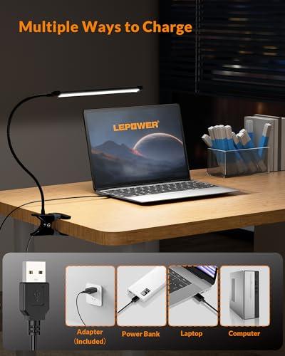 LEPOWER LEPOWER Led Clip on Light/Reading Light, 5W Book Light for Reading in Bed with Gooseneck, Adjustable Color Temperature Clip Light, Ideal for as Reading Light and Piano Light, Metal, Black