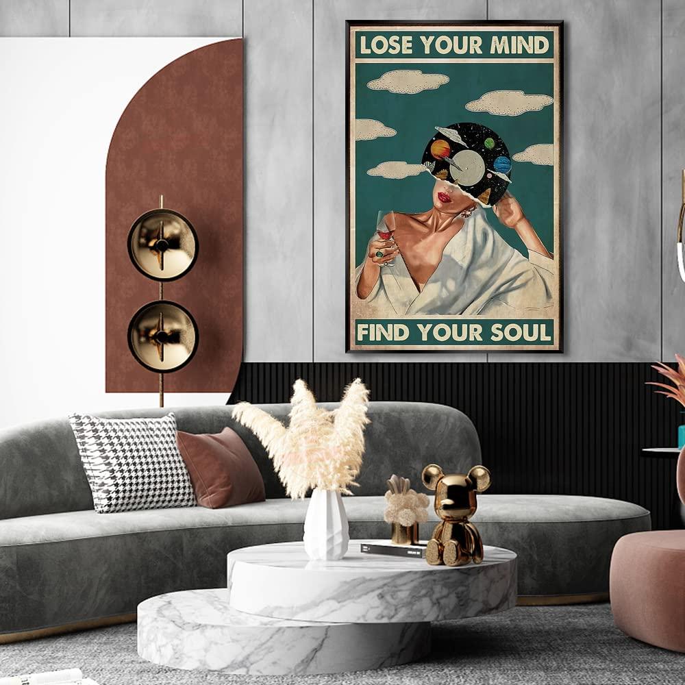 Quark Quark Vintage Lose Your Mind Find Your Soul Poster Mental Health Canvas Wall Art Abstract Aesthetic Music Girl Print Painting Modern Mid-Century Wall Decor for Bed Room Bathroom 12x16in Framed
