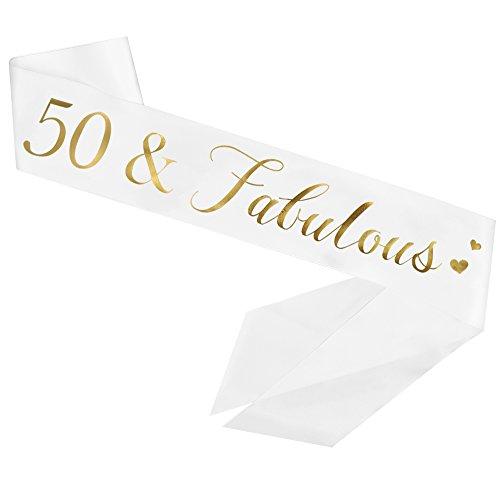 ADBetty 50 and Fabulous Sash, 50th Birthday Sash Fabulous 50 Sash Birthday Party Favors, Supplies and Decorations (White/Gold)