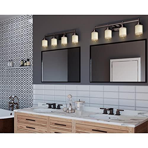 Progress Lighting Progress Lighting Alexa Collection 4-Light Etched Umber Linen with Clear Edge Glass Modern Bath Vanity Light Antique Bronze