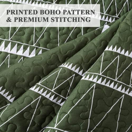 Andency Andency Green Quilt Set Oversized King (114x120 Inch), 3 Pieces(1 Striped Triangle Printed Quilt and 2 Pillowcases), Bohemian Summer Lightweight Reversible Microfiber Bedspread Coverlet