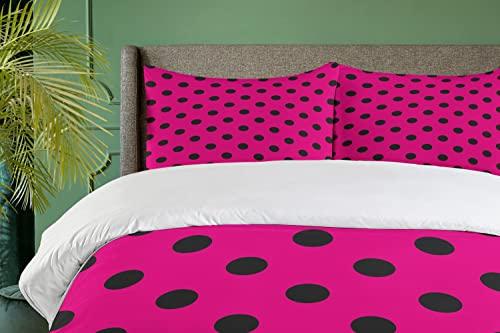 Ambesonne Ambesonne Hot Pink Duvet Cover Set, Pop Art Inspired Design Retro Pattern of Black Polka Dots Classical Spotted, Decorative 3 Piece Bedding Set with 2 Pillow Shams, King Size, Hot Pink Black