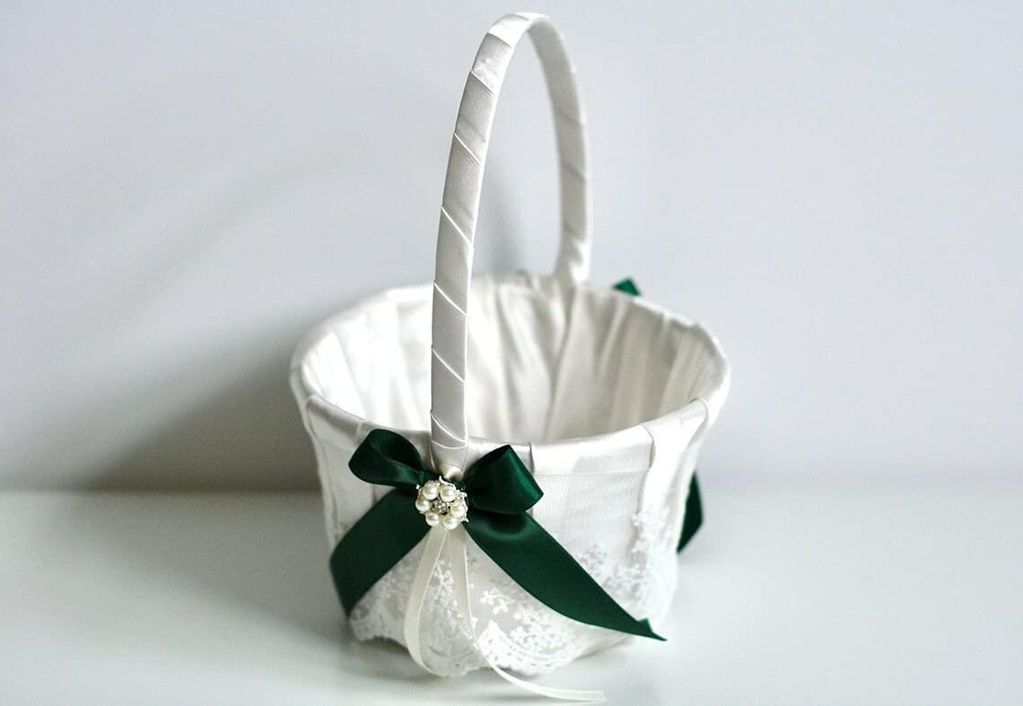 Alex Emotions Flower Girl Basket Hunter Green, Ring Bearer Pillow Ivory and Lace Flower Basket, Wedding Ring Pillow Wedding, wedding flower girl baskets (Off-White, 1 Pillow + 1 Basket)