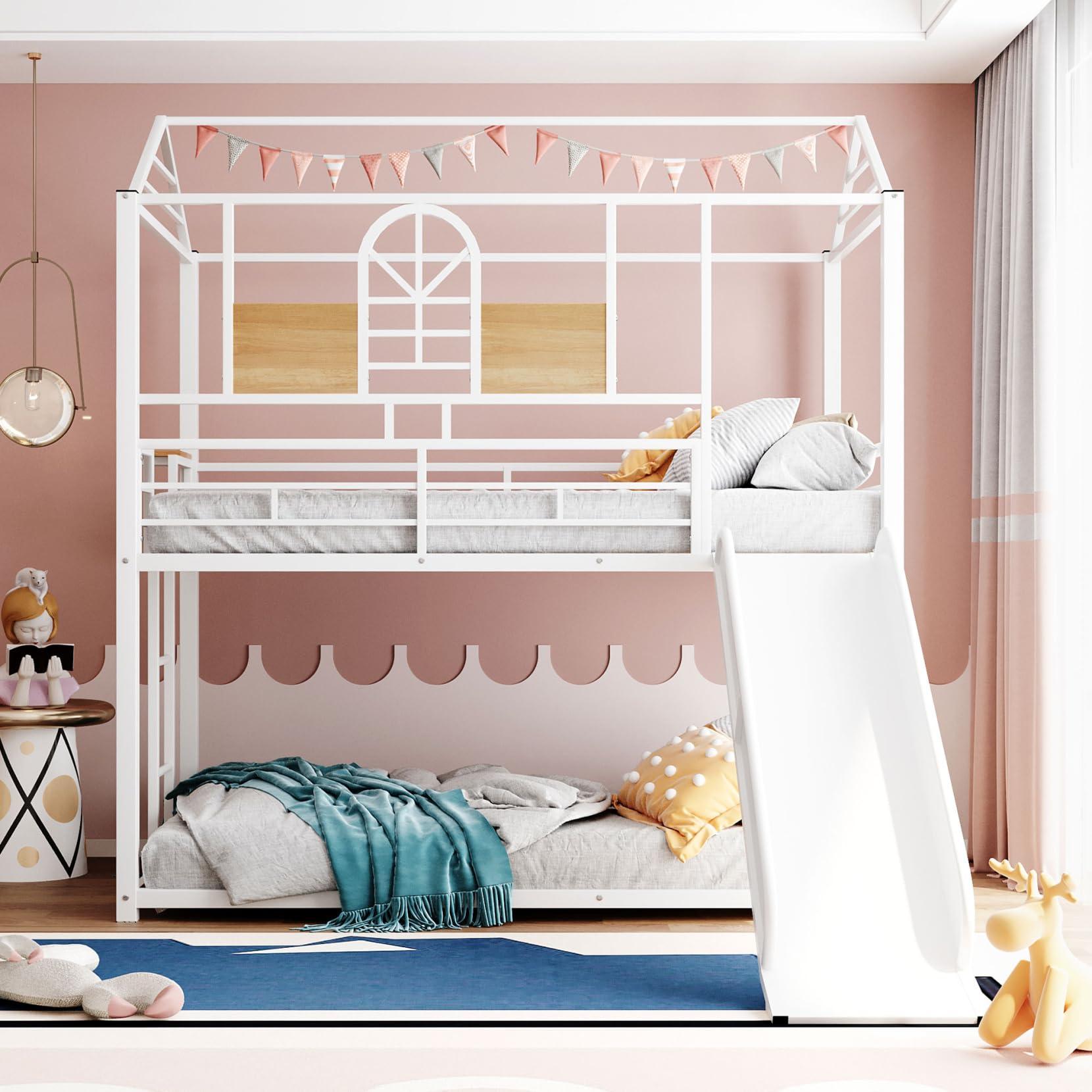 TURRIDU TURRIDU Twin Over Twin Size House Shape Bunk Bed, Modern Metal Housebed with Slide, Metal Slats, Safety Fence and Ladder, Window Pattern Design, Space-Saving, Easy Assembly, (White with White Slide)