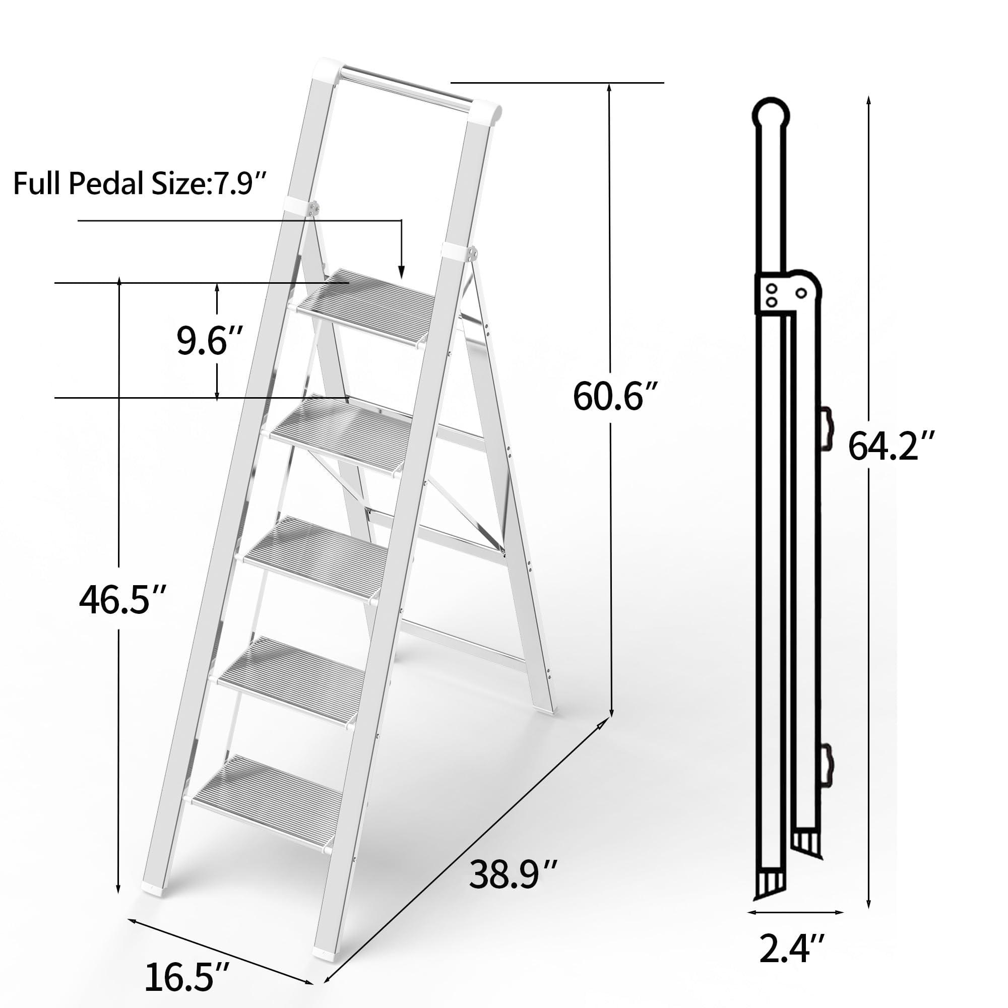 Soladder SOLADDER 5 Step Ladder, Folding Step Stool, White Foldable Ladder for 10 Foot High Ceiling with Anti-Slip Wide Sturdy Pedal and Handgrip, Multi-Use for Home (300 lbs Capacity)