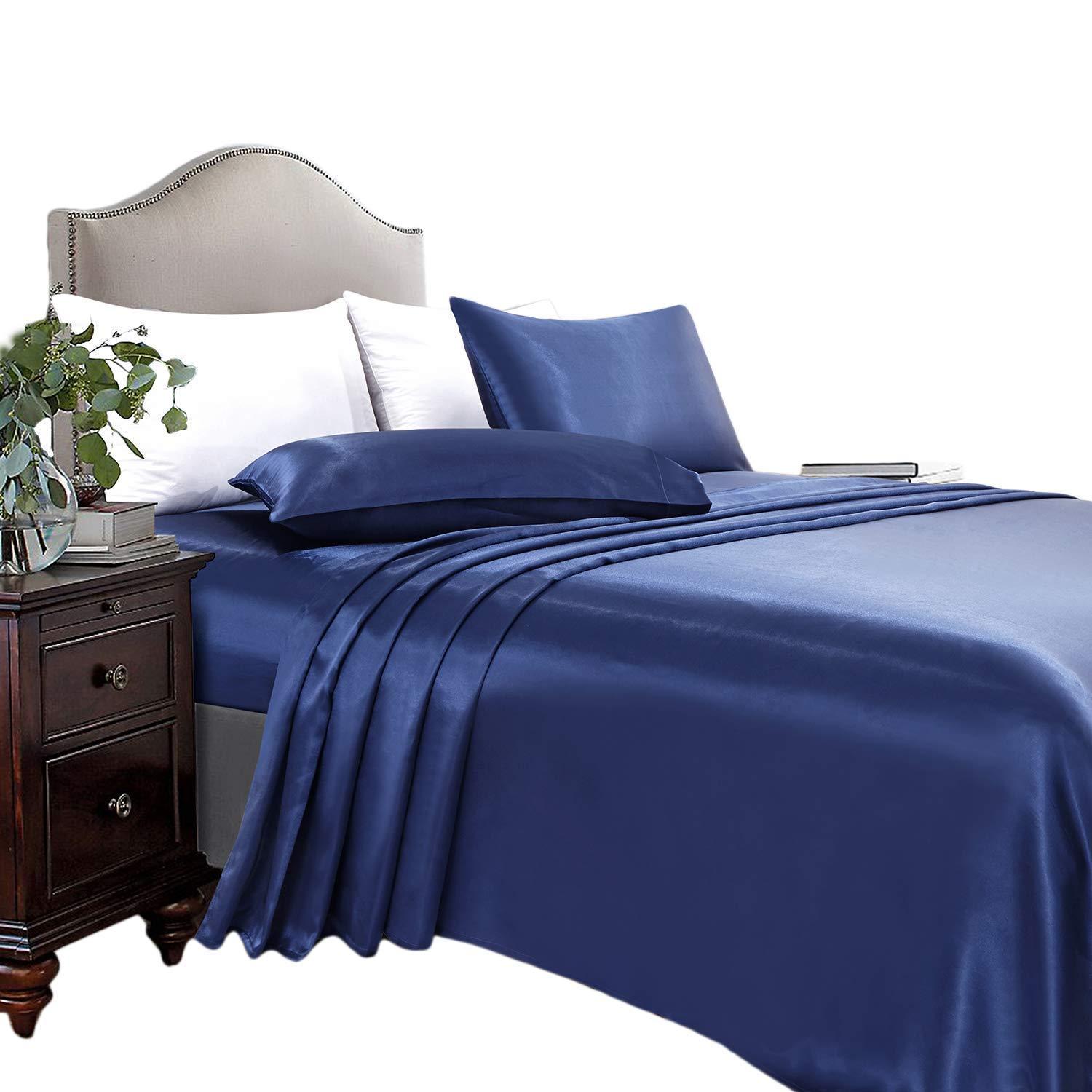 Impression Bedding Silk Satin Sheets Set | Silk Satin Sheets Set Super Queen | Super Queen Sheets Set Navy Blue | Silk Fitted Sheet 24 Inch Deep Pocket | 4 Pc Sheet Set | Silk Flat Sheet & Pillowcases Set.