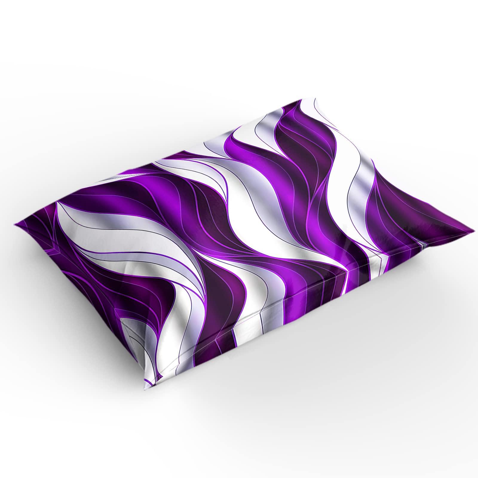 OComster Full Size Duvet Cover Set, Purple and White 3 Pieces Bedding Comforter Sets, Ombre Geometric Wave Stripe Abstract Art 86\" x 86\" Quilt Cover and 2 Pillow Sham