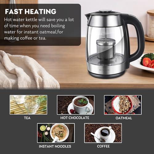 Fangflower Electric Glass Kettle 1.7L, Hot Water Boiler with 1500W Fast Boiling/ 5 Presets LED Indicator Lights/Removable Tea Infuser/Auto Shut-off