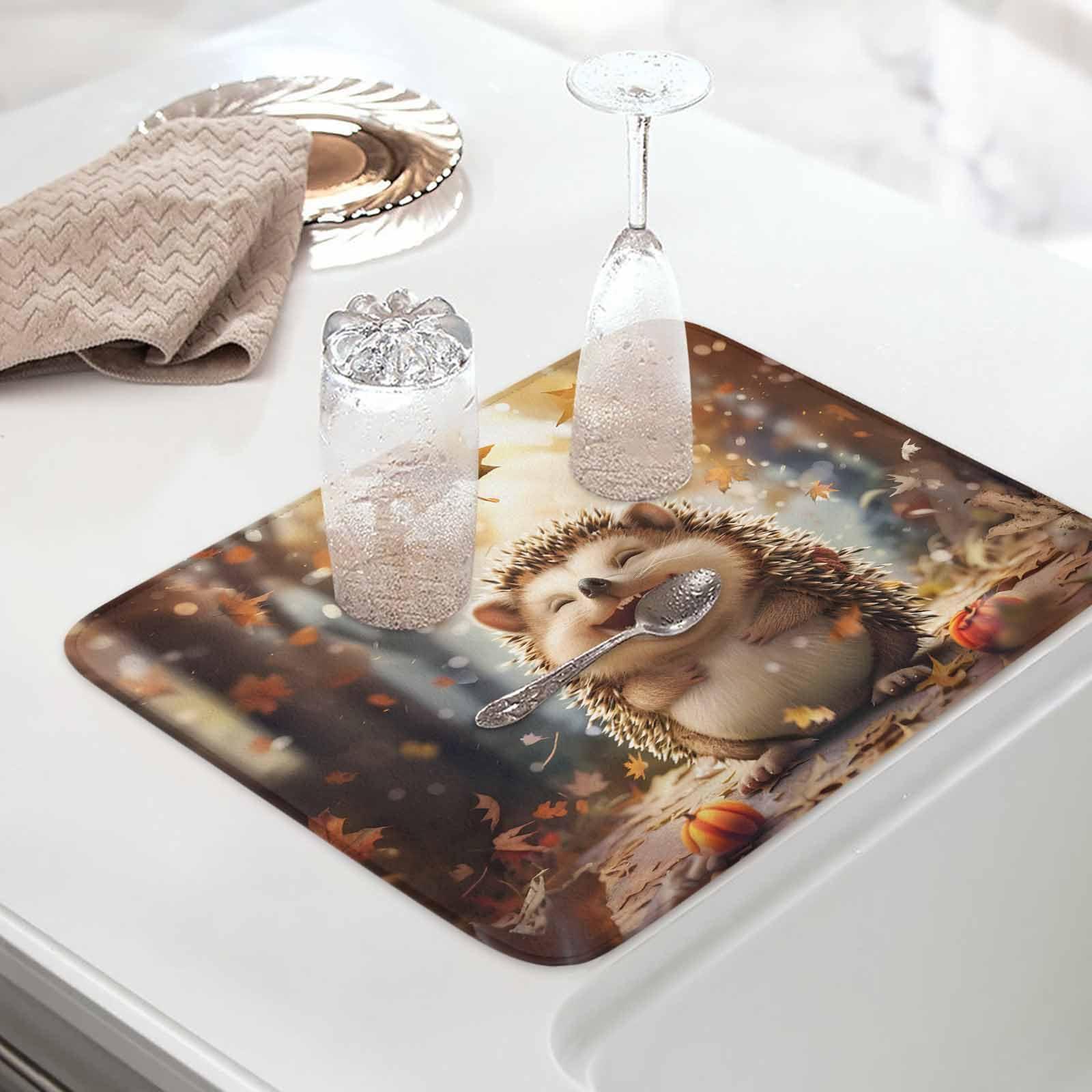 ALAGEO Fall Dish Drying Mat for Kitchen 16x18 Inch Smile Hedgehog Absorbent Reversible Microfiber Dish Drying Pad Dish Rack Drainer Mats Pumpkin Maple Leaves Forest Thanksgiving Kitchen Counter Accessories