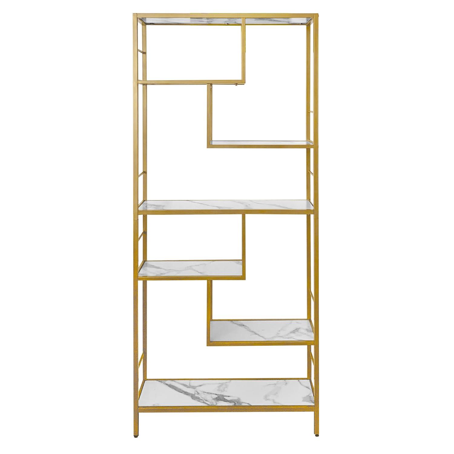 AT-VALY AT-VALY 6 Tier Bookcase Bookshelf, 72.4Tall Modern Freestanding Bookshelf with 6 Shelves, Faux Marble Open Display Storage Book Shelves for Living Room Bedroom Home Office (Gold)