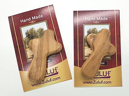 Zuluf Zuluf Two Small Olive Wood Crosses Pocket Holding Comfort Crosses | Handheld Comforting Design for Clutching, Clinging and With Two Holy Land Certificates 6cm / 2.5 Inch Each Cross - CRS094