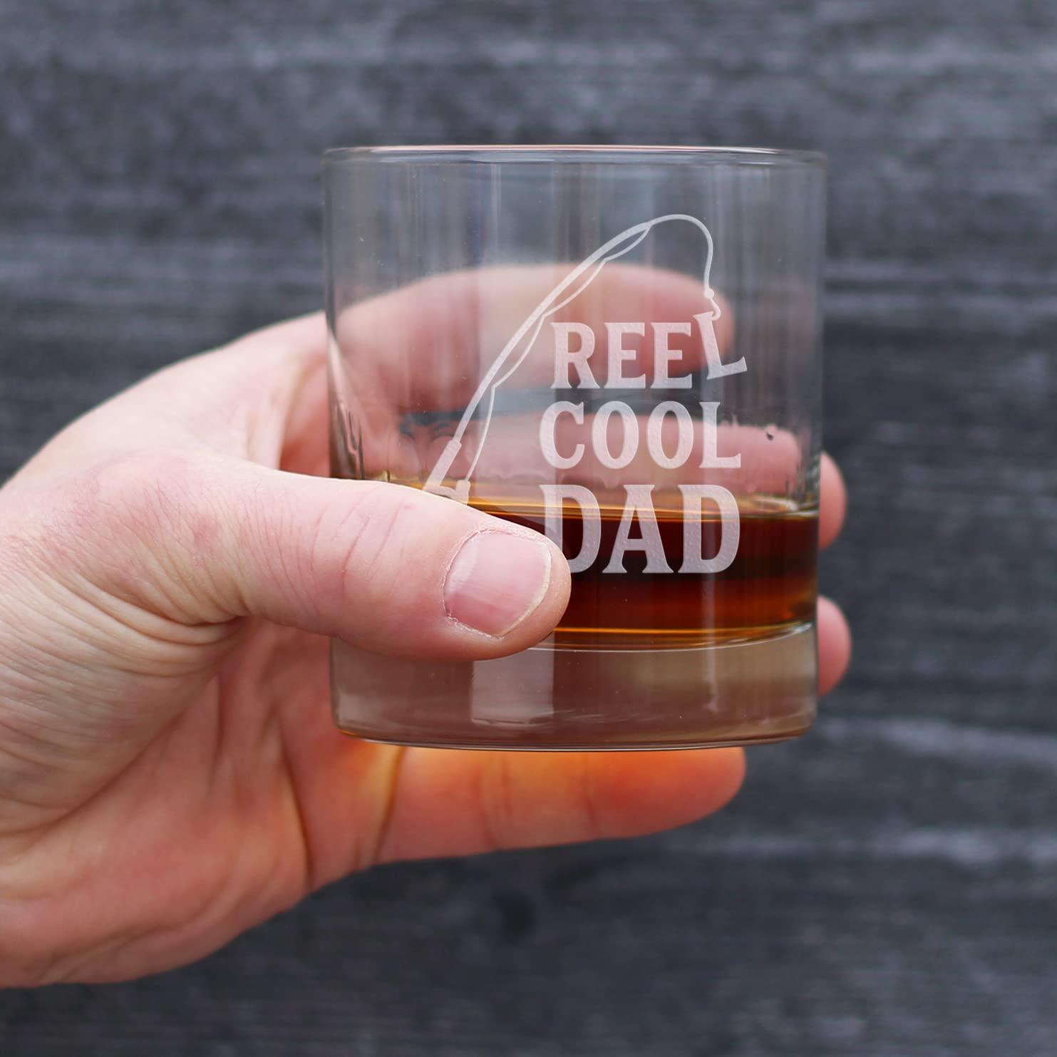 Bevvee Reel Cool Dad - Funny Whiskey Rocks Glass - Fishing Gifts for Fathers - Engraved 10.25 oz Glasses - Fun Fish Cups