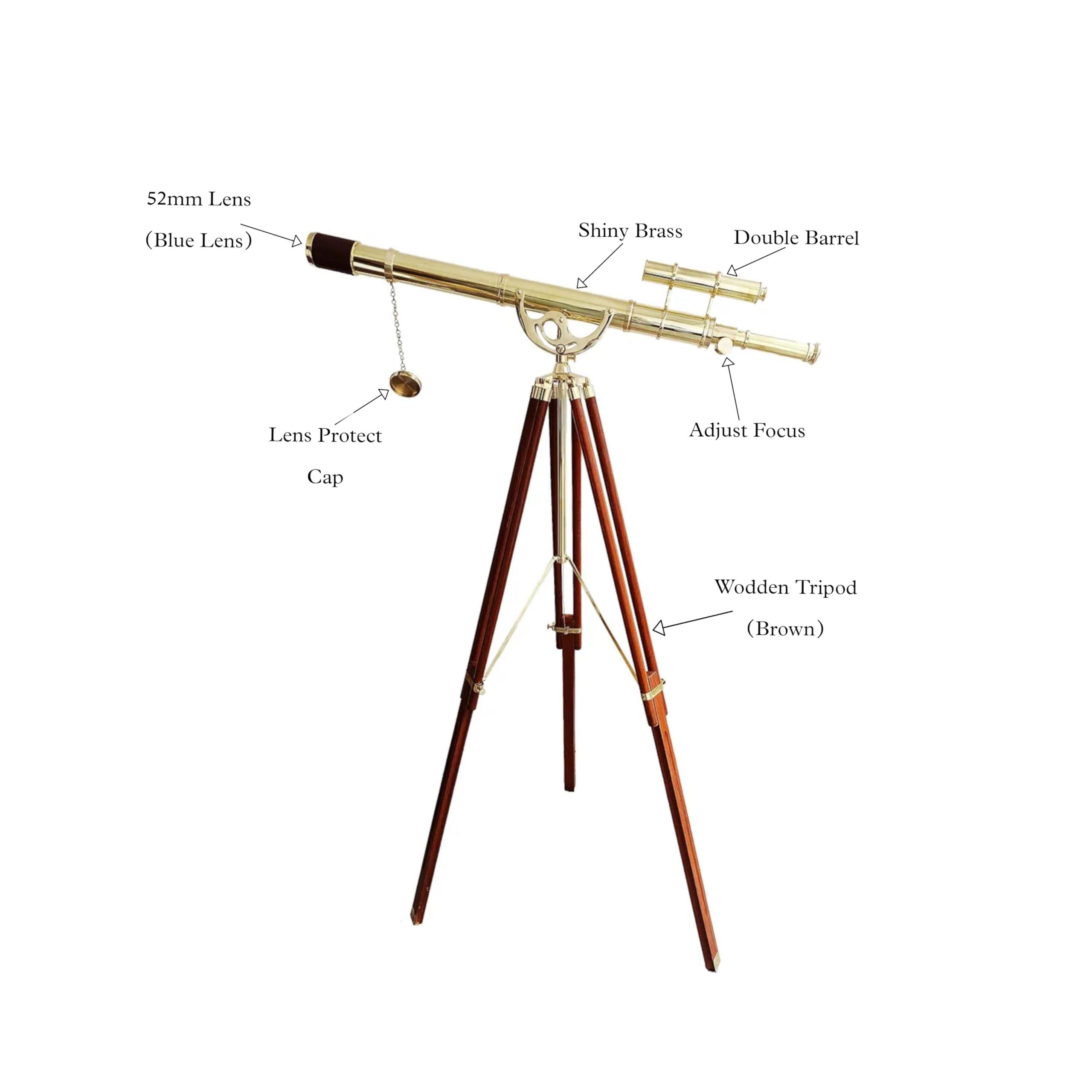 NAVIROCK Vintage Brass Telescope Nautical Shiny Brass Finish Latest Double Barrel Telescope Antique Floor Standing Adjustable Wooden Tripod Handicraft Marine Brown Leather