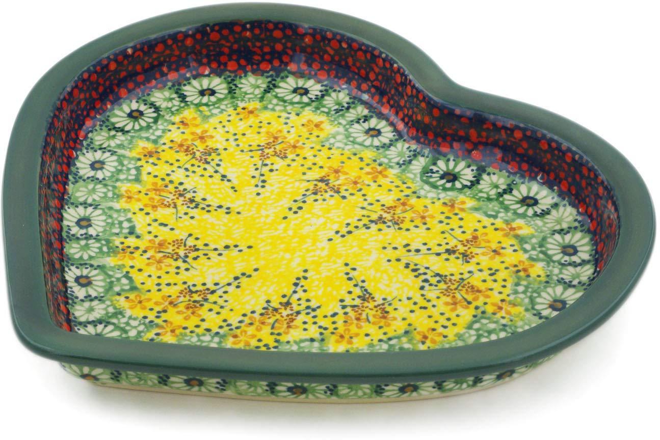 Polmedia Polish Pottery Polish Pottery 9-inch Heart Shaped Platter (Sunshine Grotto Theme) Signature UNIKAT + Certificate of Authenticity