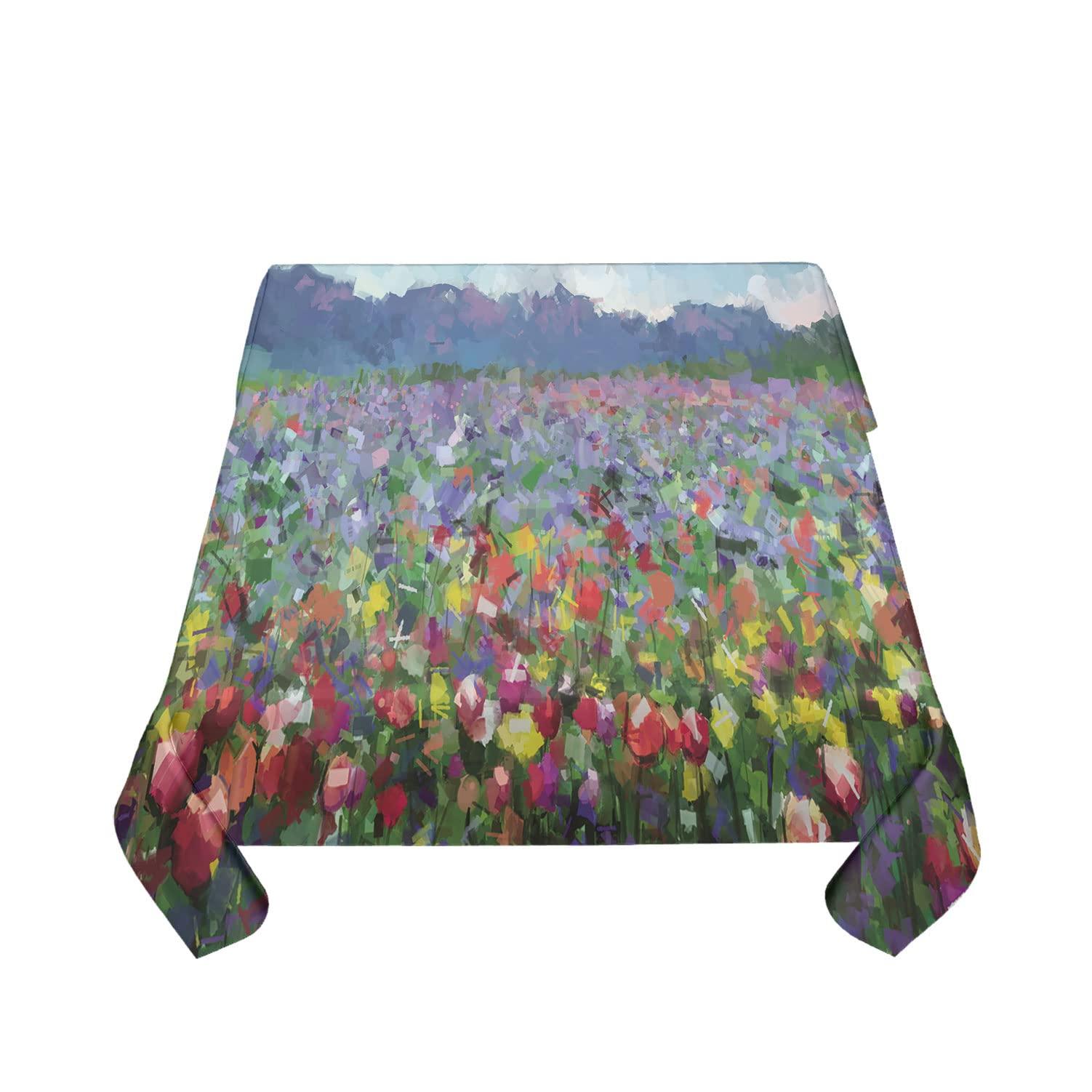 SongYi Spring Square Tablecloth 70x70 Inch, Washable Fabric Table Cloth for Kitchen Dining Camping, Abstract Watercolor Flower Oil Proof Tablecloths, Colorful