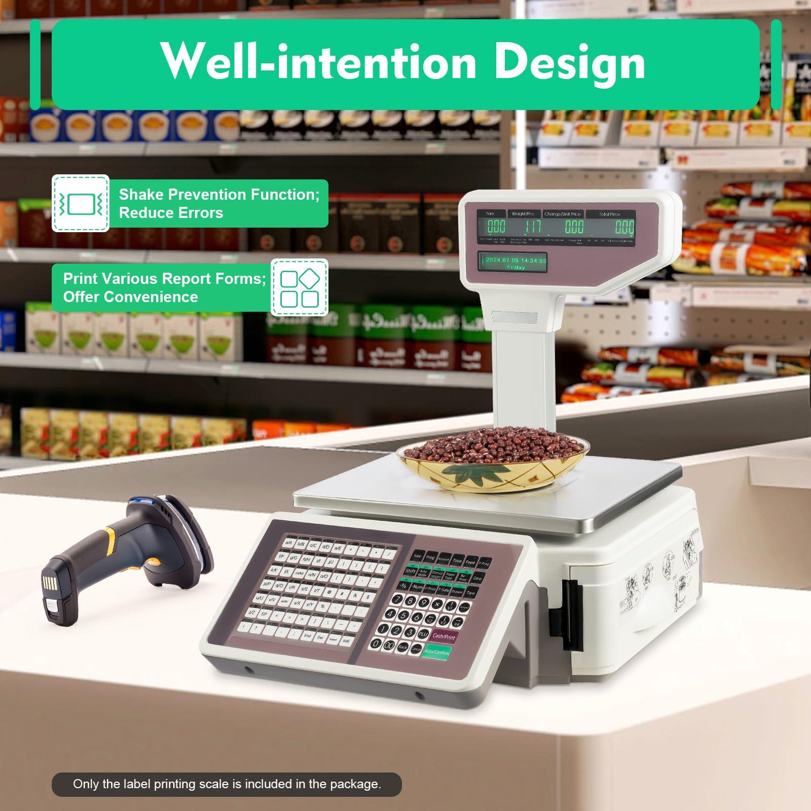 AOOCHU Commercial Digital Price Computing Scale Balance Scale W/Remote Control with Label Printer Double-Sided Display Anti-Slip Foot Pads for Supermarkets Fruit Stores Snack Stores (White)