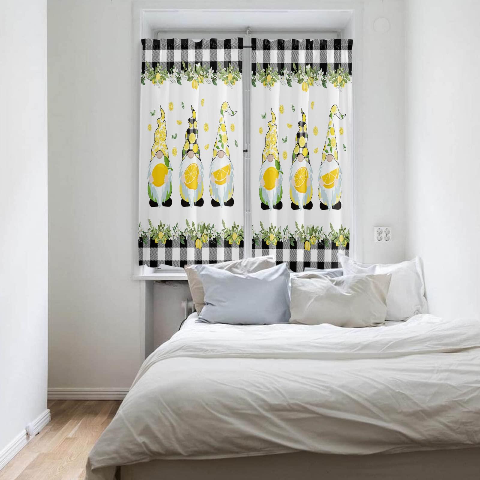 Jolunifun Kitchen Curtain 63 Inch Length, Summer Lemon Gnomes Farm Buffalo Check Border Window Curtains and Drapes for Cafe/Living Room, , 2 Panel Window Treatment Rod Pocket Drapery Panels Curtains 84x63