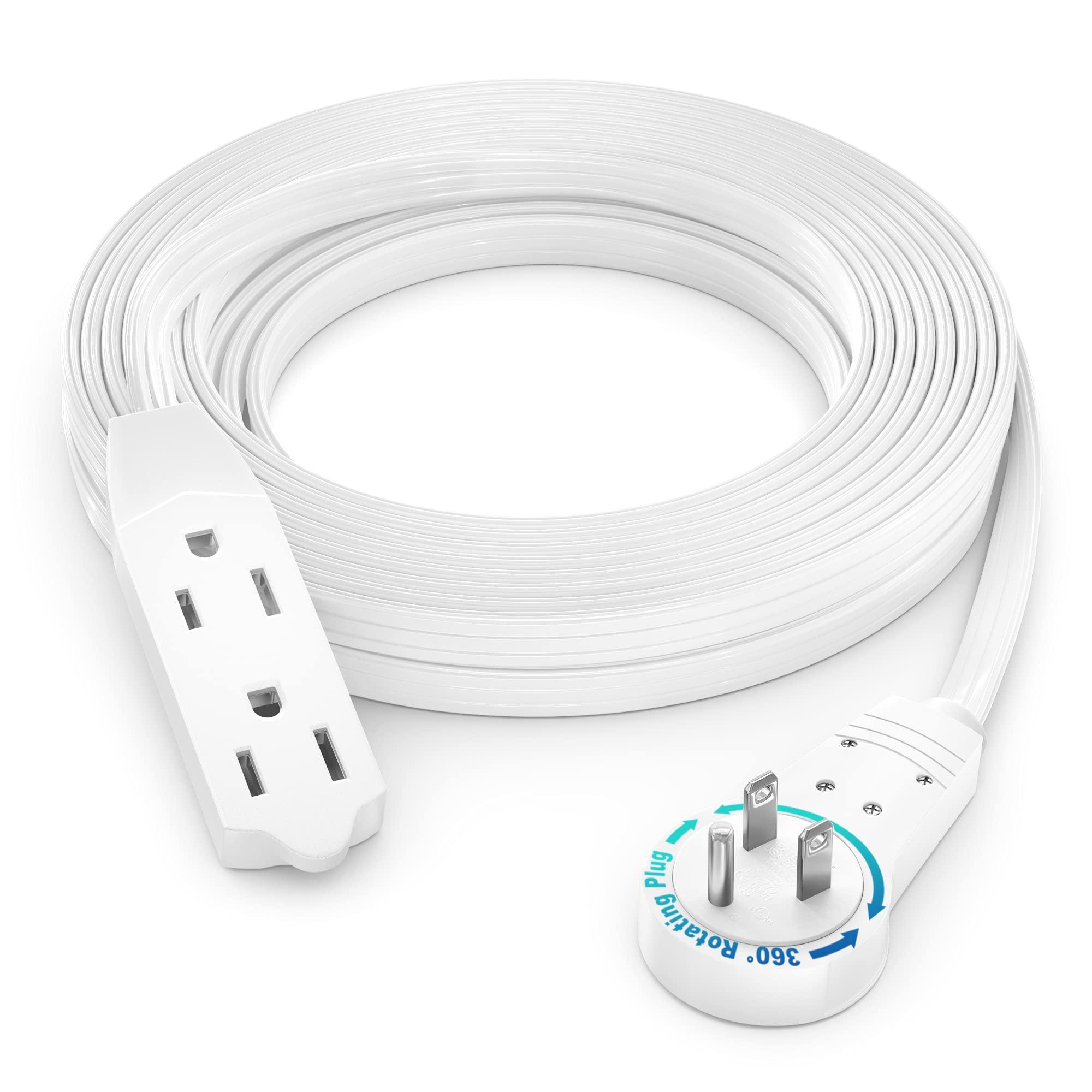 Maximm Maximm Cable 15 Ft 360 Rotating Flat Plug Extension Cord/Wire, 16 AWG Multi 3 Outlet Extension Wire, 3 Prong Grounded Wire - White - UL Certified