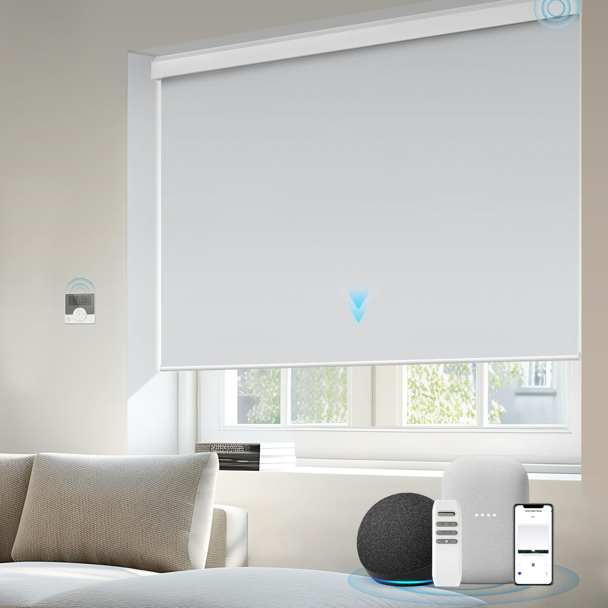 Kerxwerd Motorized Blinds with Remote, Kerxwerd Blackout Motorized Roller Shades Compatible with Alexa Google via Hub, Electric Shades for Window Customized, Vinyl Light Grey