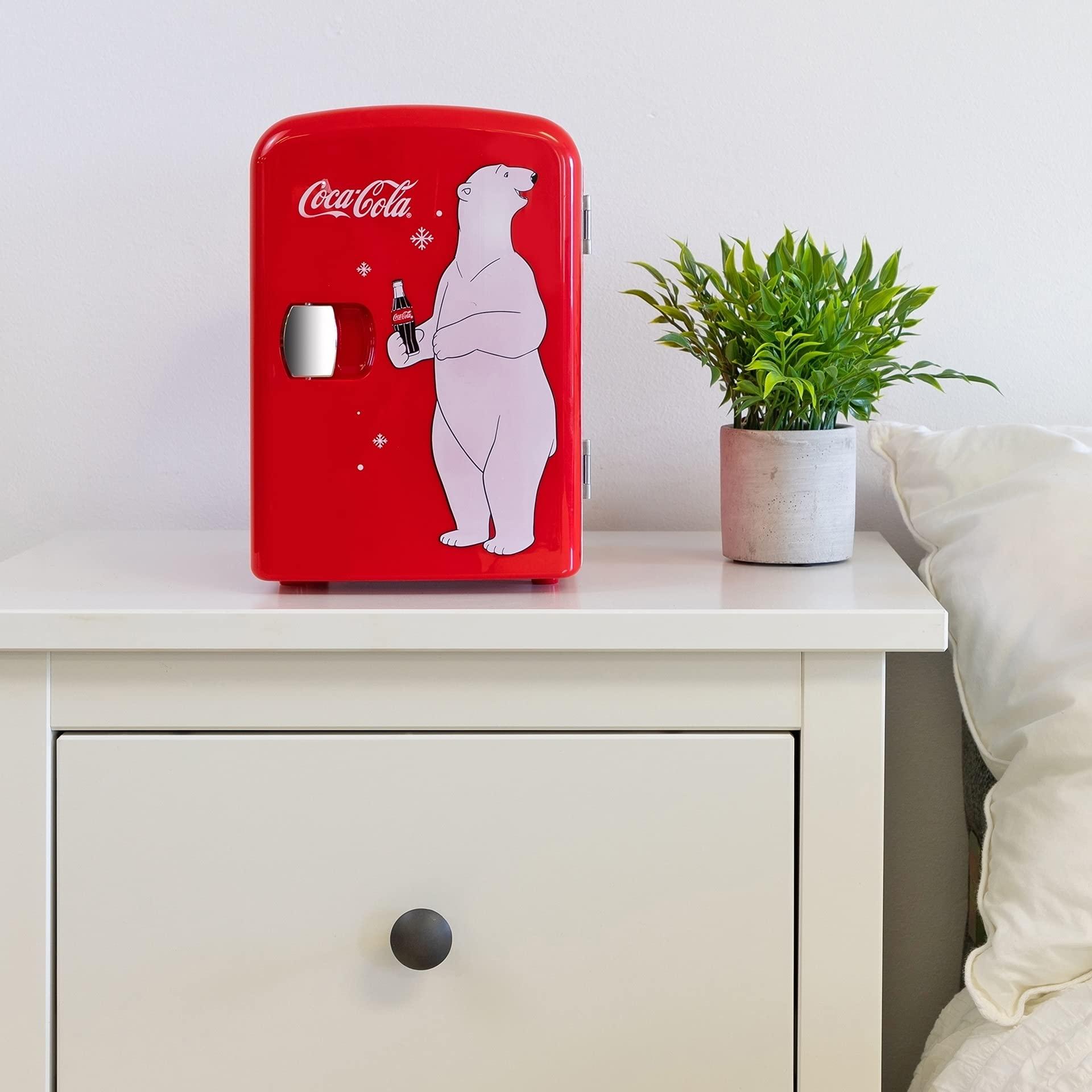 Koolatron Coca Cola Mini Fridge for Bedroom Skincare Cosmatic Office 4L Small Refrigerator Classic Coke Bottle Portable Fridge Mini Fridge for Dorm Fridge Ideal for Snacks Drinks Red