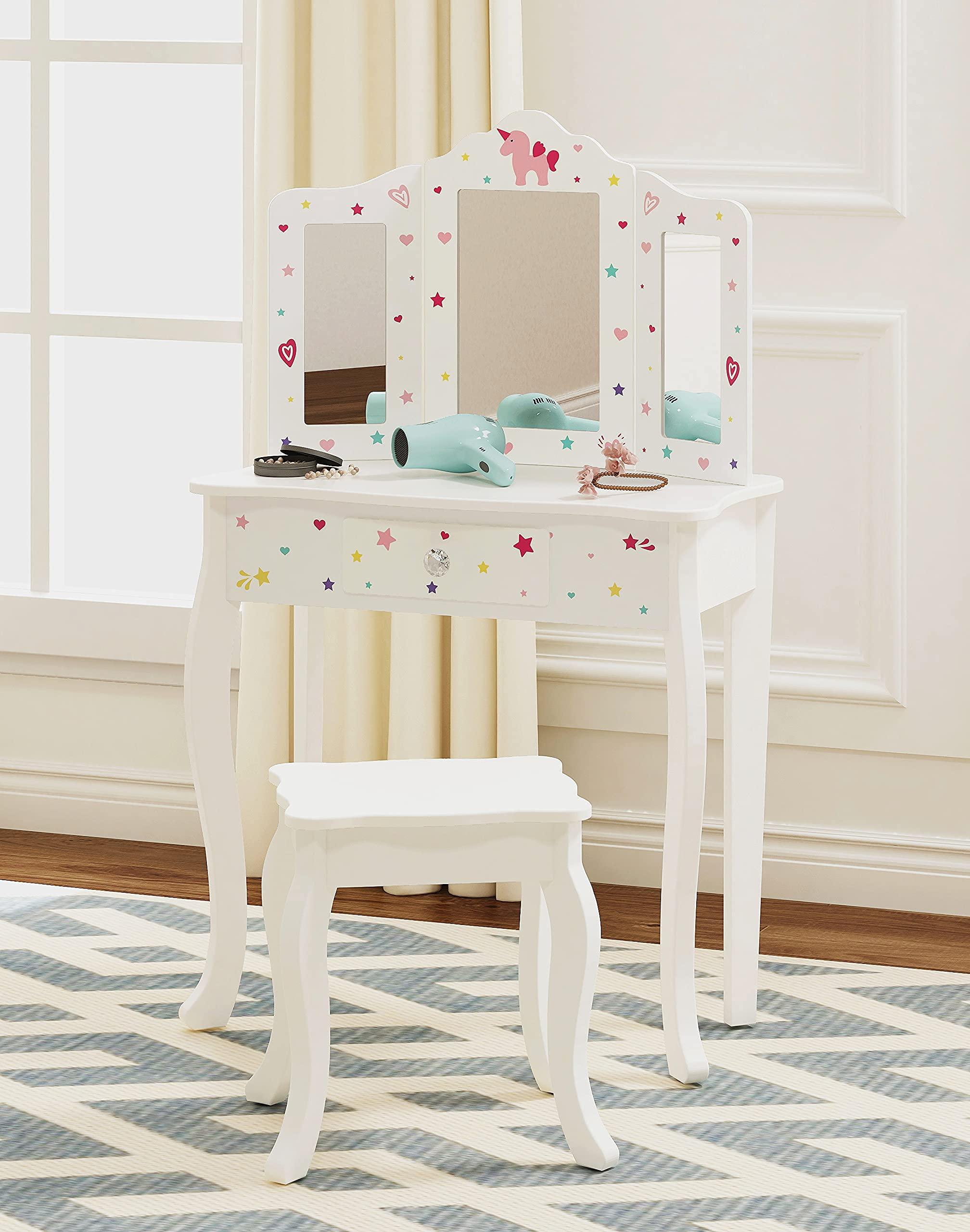 UTEX UTEX Pretend Play Kids Vanity Table and Chair Vanity Set with Mirror Makeup Dressing Table with Drawer, Play Vanity Set,White