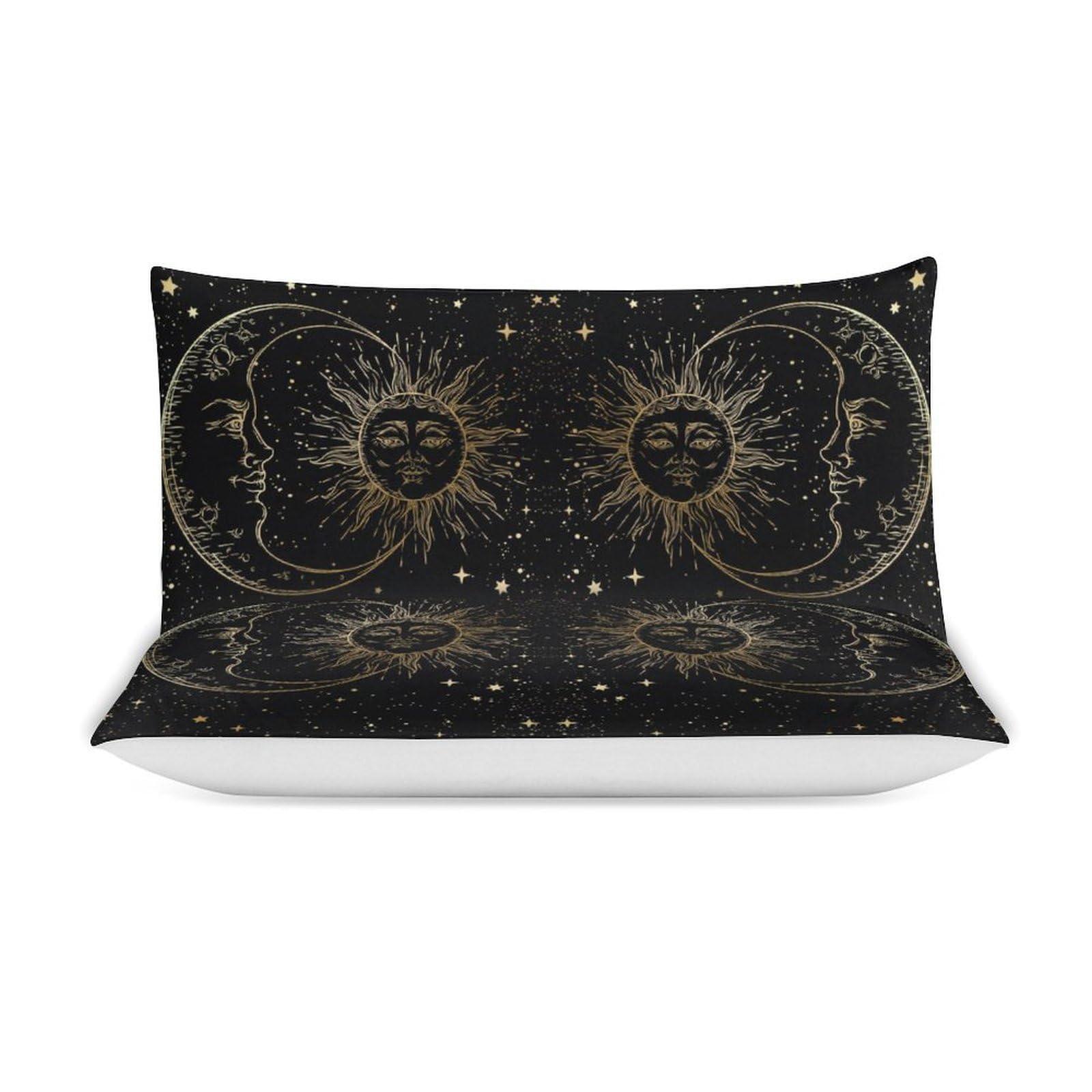 LITINGZHILONG LITINGZHILONG Sun Moon Black Gold Bed 3-Piece Set, Bohemian Retro Style Personality Room Bed Decoration Quilt Cover, Mandura Theme Moon and Sun Bed 3-Piece Set 1 Quilt Set 2 Pillow Cases 86\"x70\"