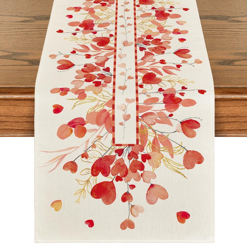 Artoid Mode Artoid Mode Red Heart Branch Valentine\'s Day Table Runner, Seasonal Leaf Kitchen Dining Table Decoration for Home Party Decor 13x72 Inch