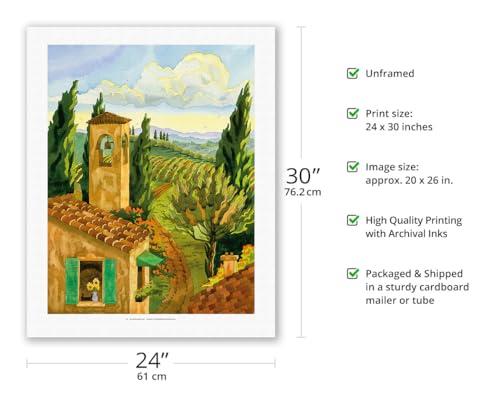 Pacifica Island Art Tuscan Afternoon - Tuscany Italy - Italian Villa Vineyards Cypress Trees - From an Original Watercolor Painting by Robin Wethe Altman - Fine Art Rolled Canvas Print 20in x 26in